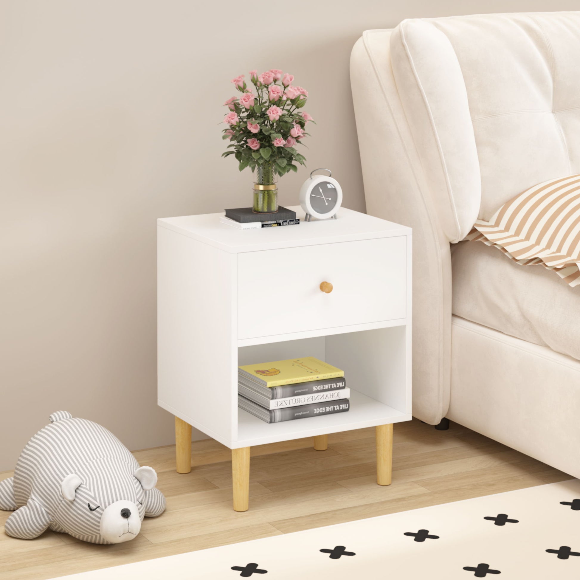 Nightstand With 1 Drawer And 1 Shelf - White - The Sleep Loft - Online Mattress Showroom NYC