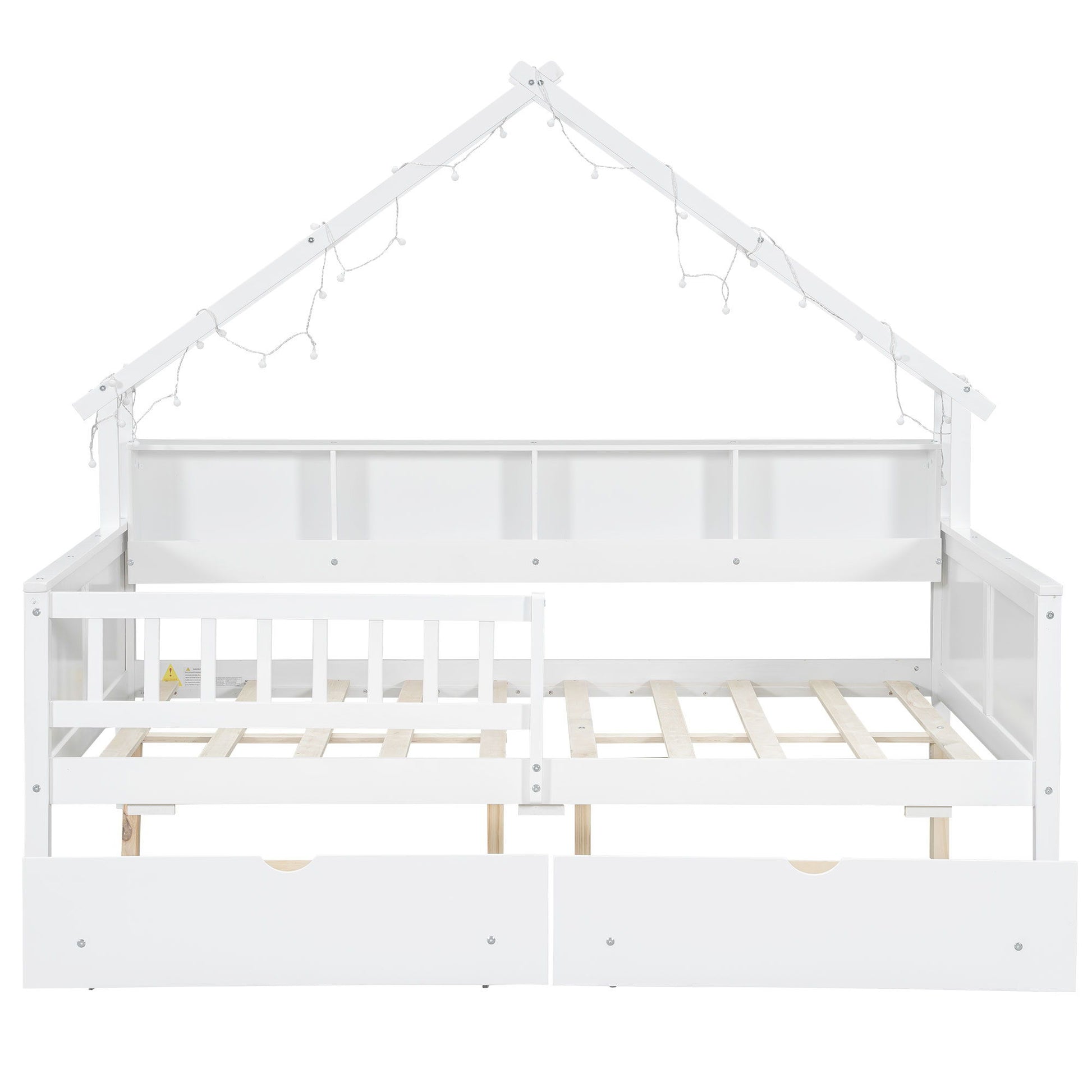 House Style Platform Bed With LED Lights, Storage Shelves, Drawers, And Guardrail - The Sleep Loft - Online Mattress Showroom NYC