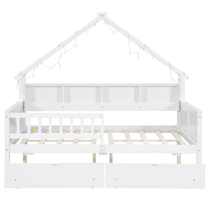 House Style Platform Bed With LED Lights, Storage Shelves, Drawers, And Guardrail - The Sleep Loft - Online Mattress Showroom NYC