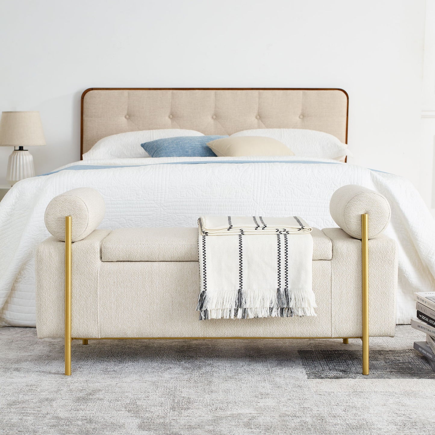 Elegant Upholstered Storage Bench With Cylindrical Arms And Iron Legs, - The Sleep Loft - Online Mattress Showroom NYC