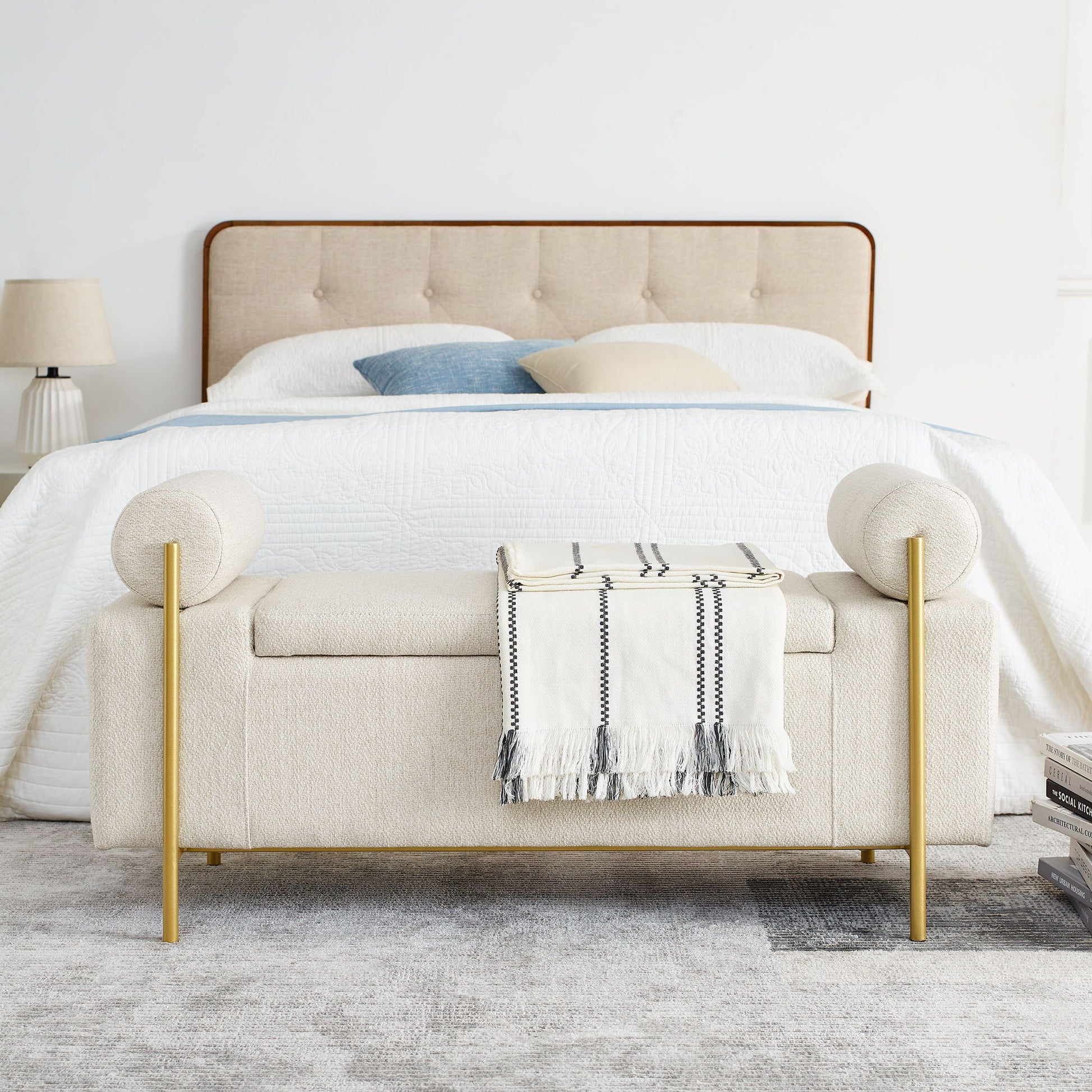 Elegant Upholstered Storage Bench With Cylindrical Arms And Iron Legs, - The Sleep Loft - Online Mattress Showroom NYC