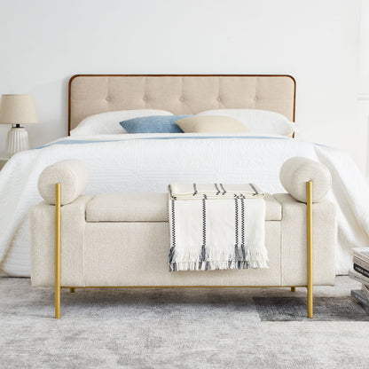 Elegant Upholstered Storage Bench With Cylindrical Arms And Iron Legs, - The Sleep Loft - Online Mattress Showroom NYC