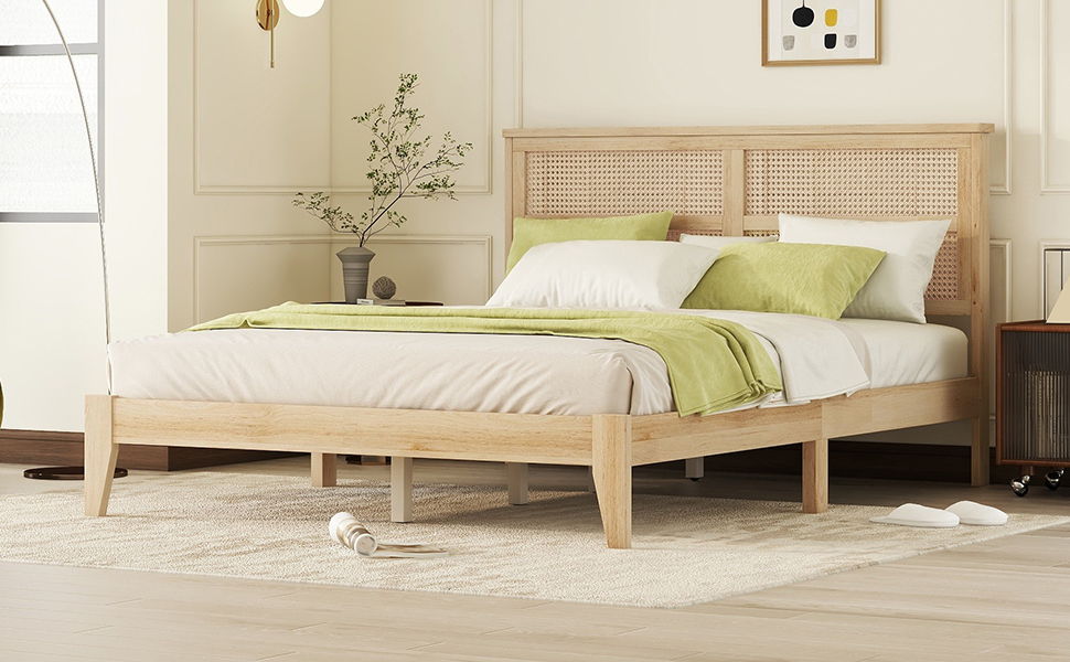Queen Size Rubber Wooden, Solid Wooden Bed With Rattan Headboard, Enhanced By Support Feet - Natural - The Sleep Loft - Online Mattress Showroom NYC