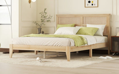Queen Size Rubber Wooden, Solid Wooden Bed With Rattan Headboard, Enhanced By Support Feet - Natural - The Sleep Loft - Online Mattress Showroom NYC