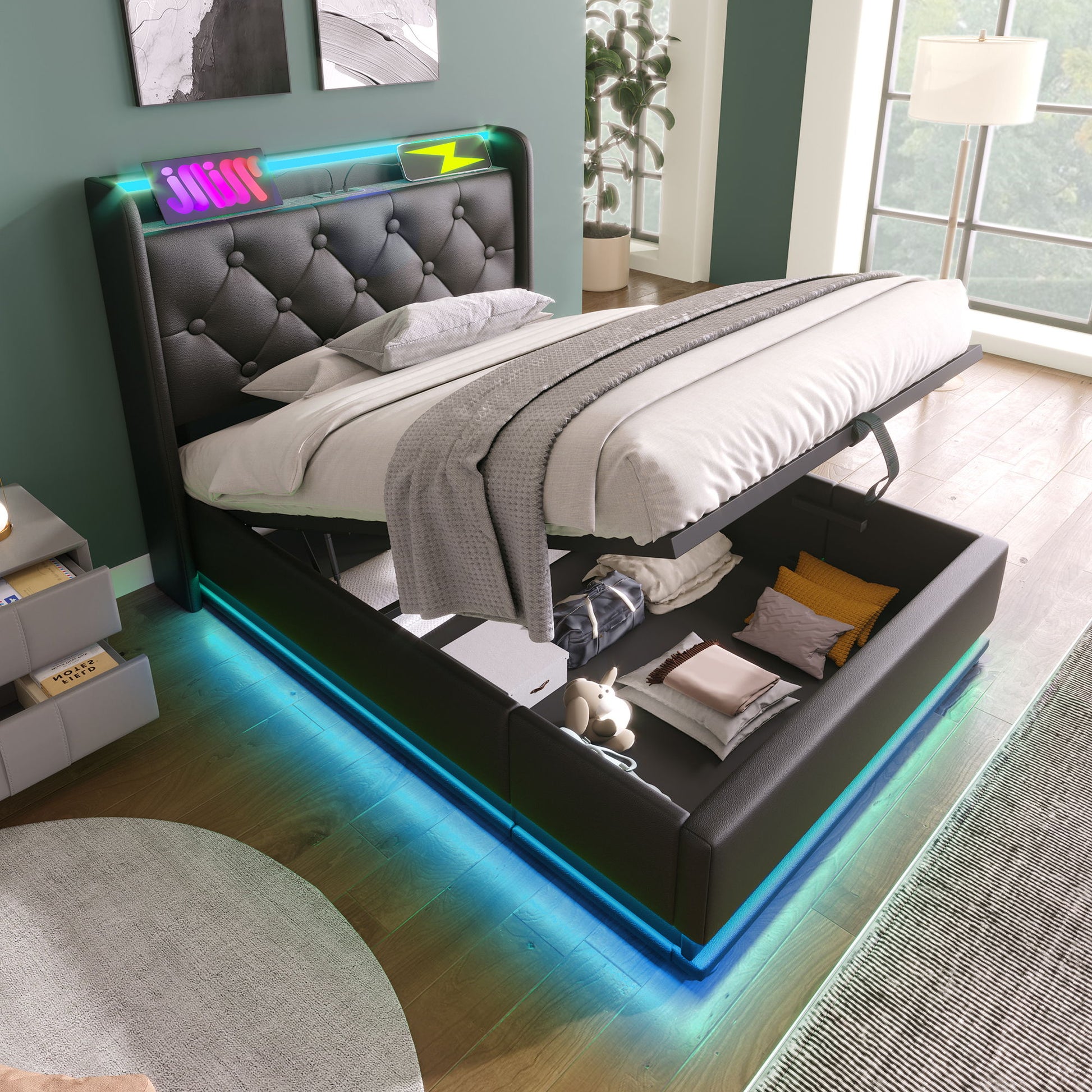 Upholstered Bed, 360 Surround LED Function, Remote Control, Hydraulic Storage Bed With USB, Type-C Charging (Without Mattress) - The Sleep Loft - Online Mattress Showroom NYC