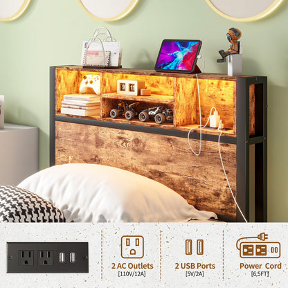 Modern Twin Size Metal Platform Bed Frame With Storage Headboard And Charging Station - Brown - The Sleep Loft - Online Mattress Showroom NYC