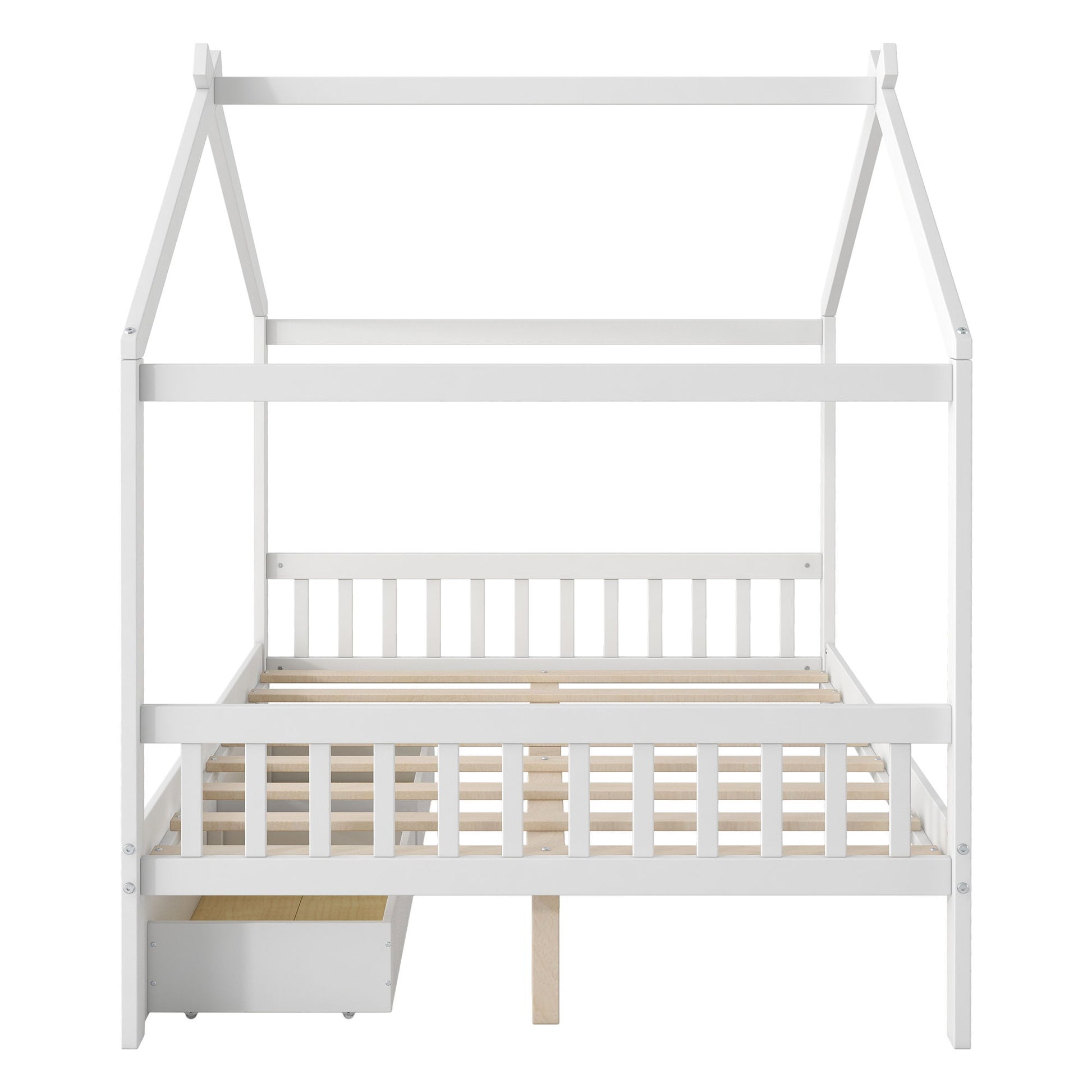 House Style Platform Bed With Headboard, Footboard, 2 Drawers, And Roof Design - The Sleep Loft - Online Mattress Showroom NYC