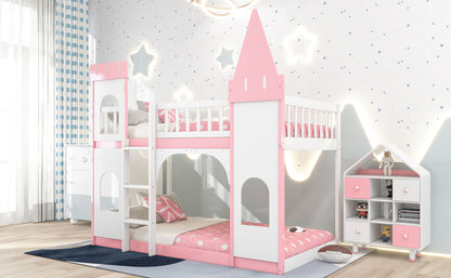 Twin Over Twin Castle Bunk Bed With Ladder - Pink - The Sleep Loft - Online Mattress Showroom NYC
