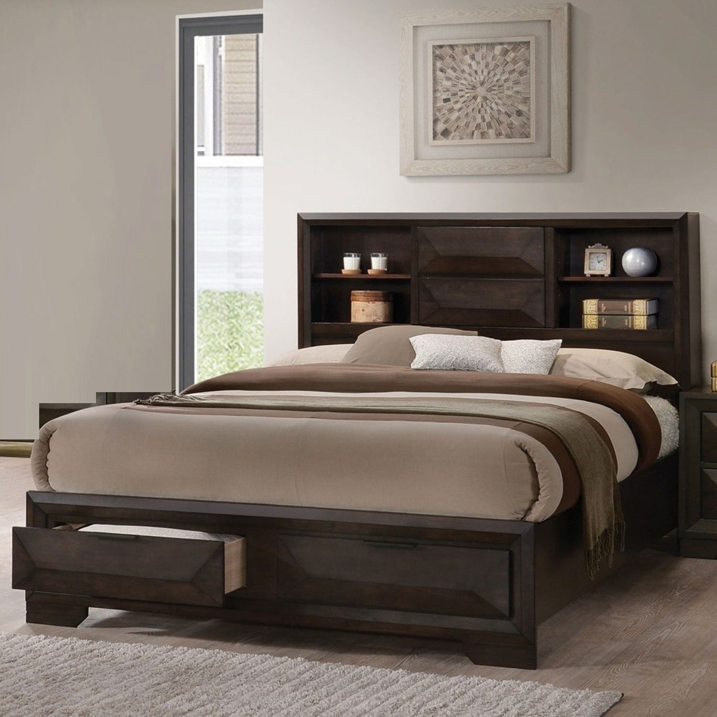 Contemporary Style Bed With Bookcase Headboard And Footboard Storage