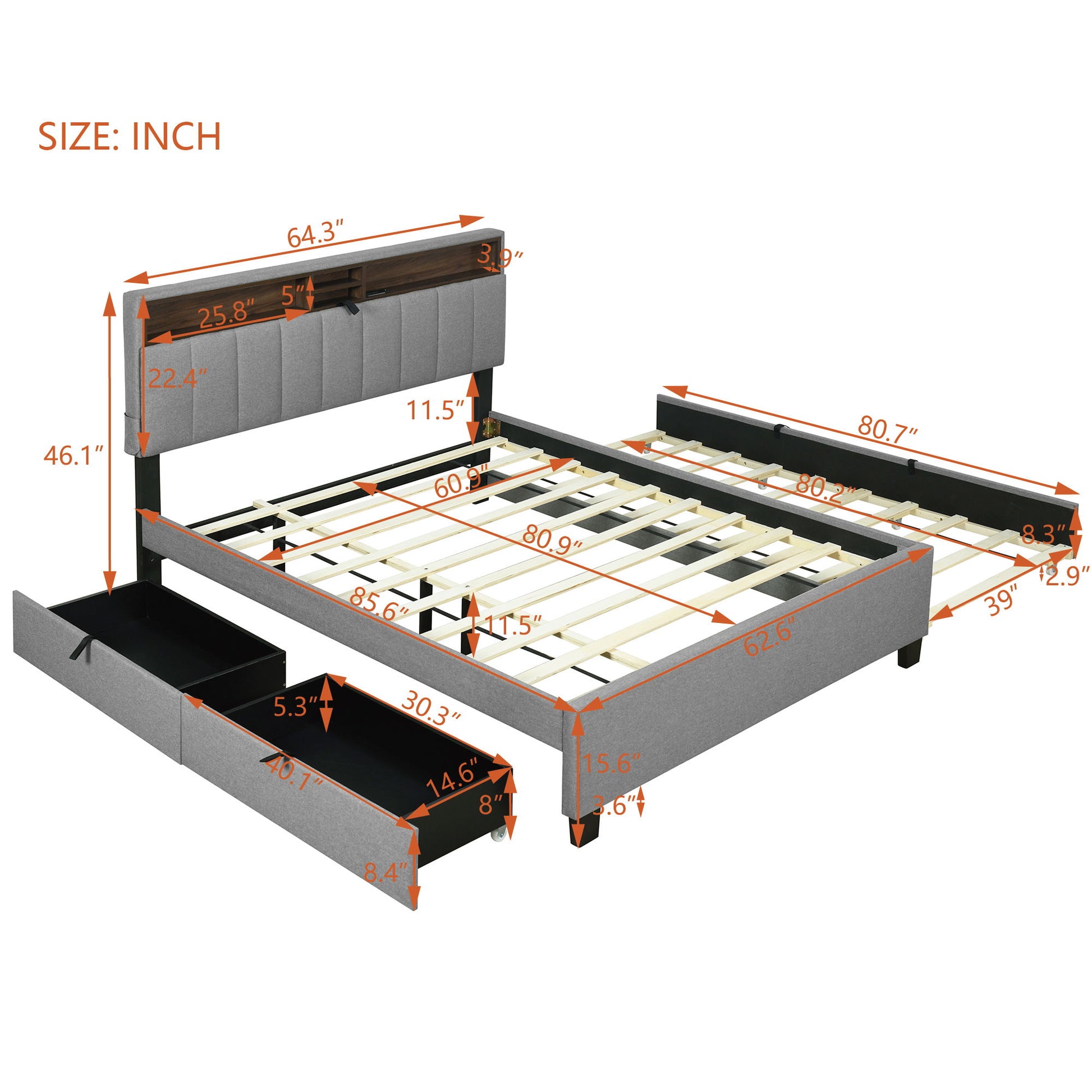 Upholstered Platform Bed With Storage Headboard, Trundle & 2 Drawers And A Set Of Sockets & USB Ports - The Sleep Loft - Online Mattress Showroom NYC