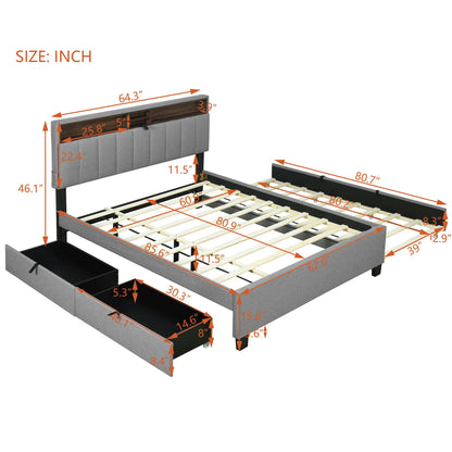 Upholstered Platform Bed With Storage Headboard, Trundle & 2 Drawers And A Set Of Sockets & USB Ports - The Sleep Loft - Online Mattress Showroom NYC