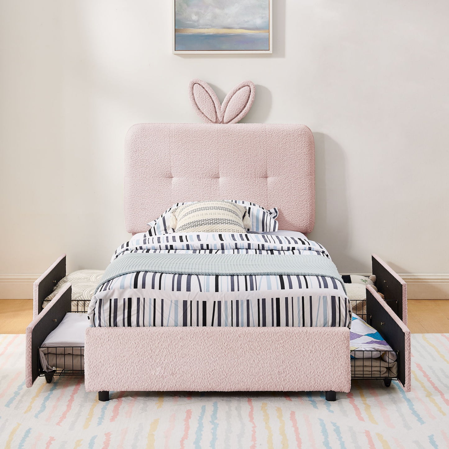 Upholstered Bed With Oversized Rabbit Ear Headboard, LED Lights & 4 Storage Drawers - The Sleep Loft - Online Mattress Showroom NYC