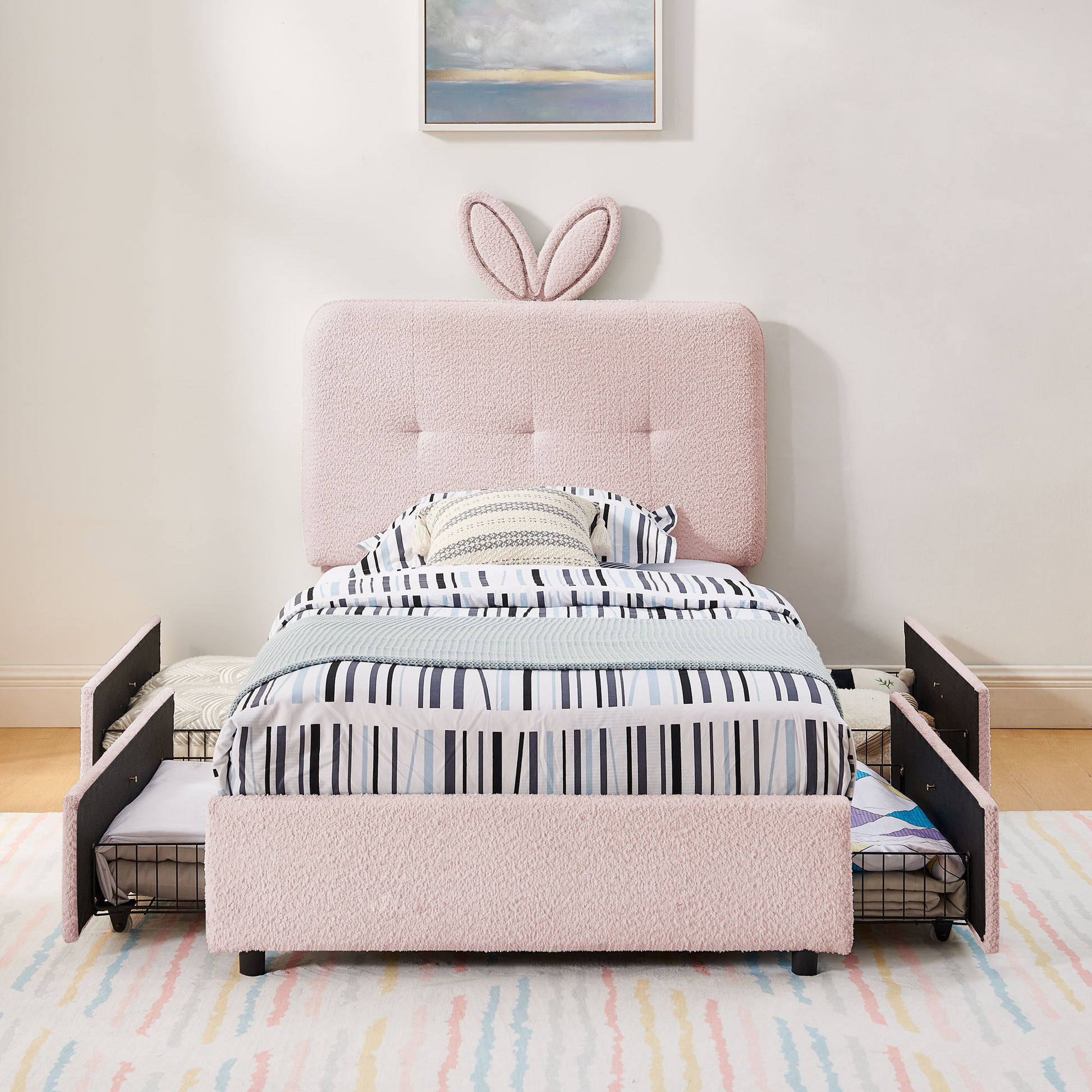Upholstered Bed With Oversized Rabbit Ear Headboard, LED Lights & 4 Storage Drawers - The Sleep Loft - Online Mattress Showroom NYC