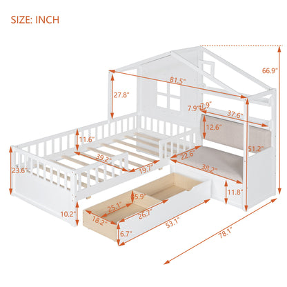 House Bed With Sofa, Kids Platform Bed With 2 Drawers And Storage Shelf - The Sleep Loft - Online Mattress Showroom NYC