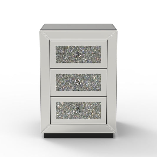 3 Drawer Nightstand With Glass Accents, Bedside Table For Bedroom - Silver - The Sleep Loft - Online Mattress Showroom NYC