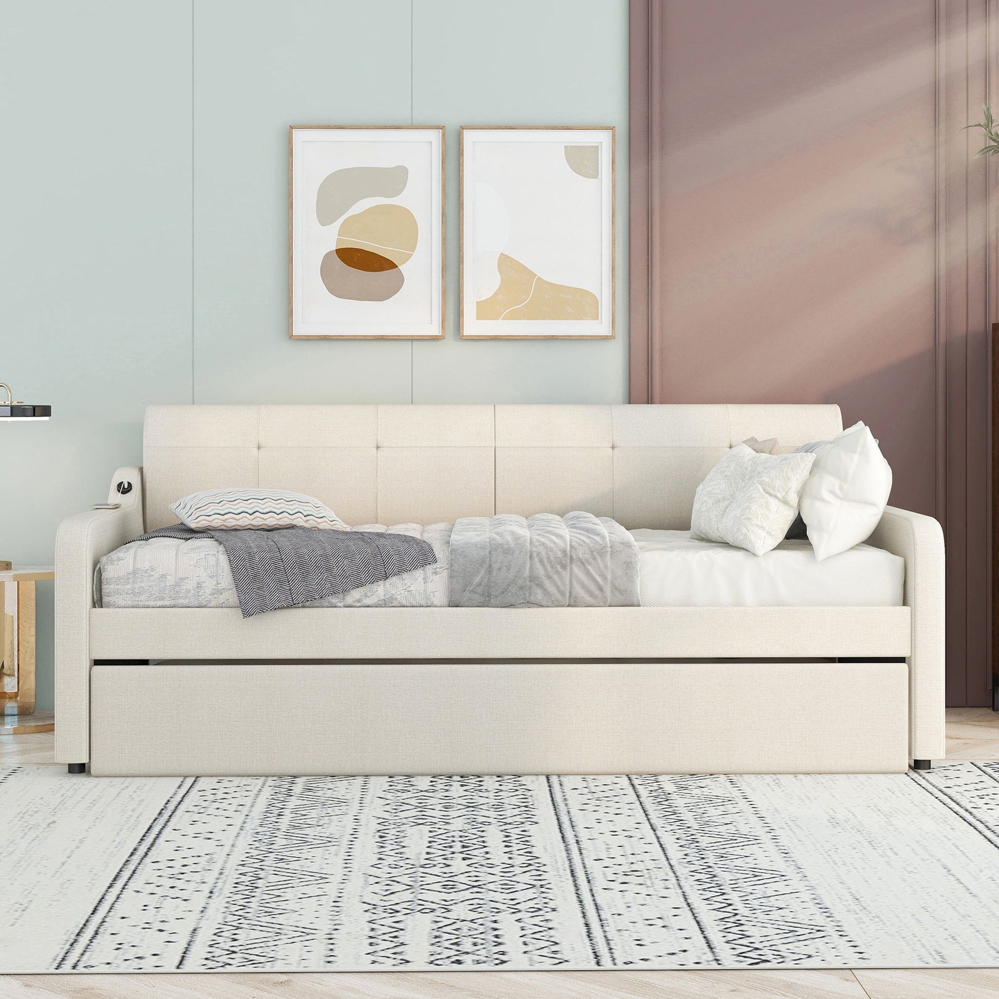 Upholstered Daybed With Trundle And USB Charging - The Sleep Loft - Online Mattress Showroom NYC