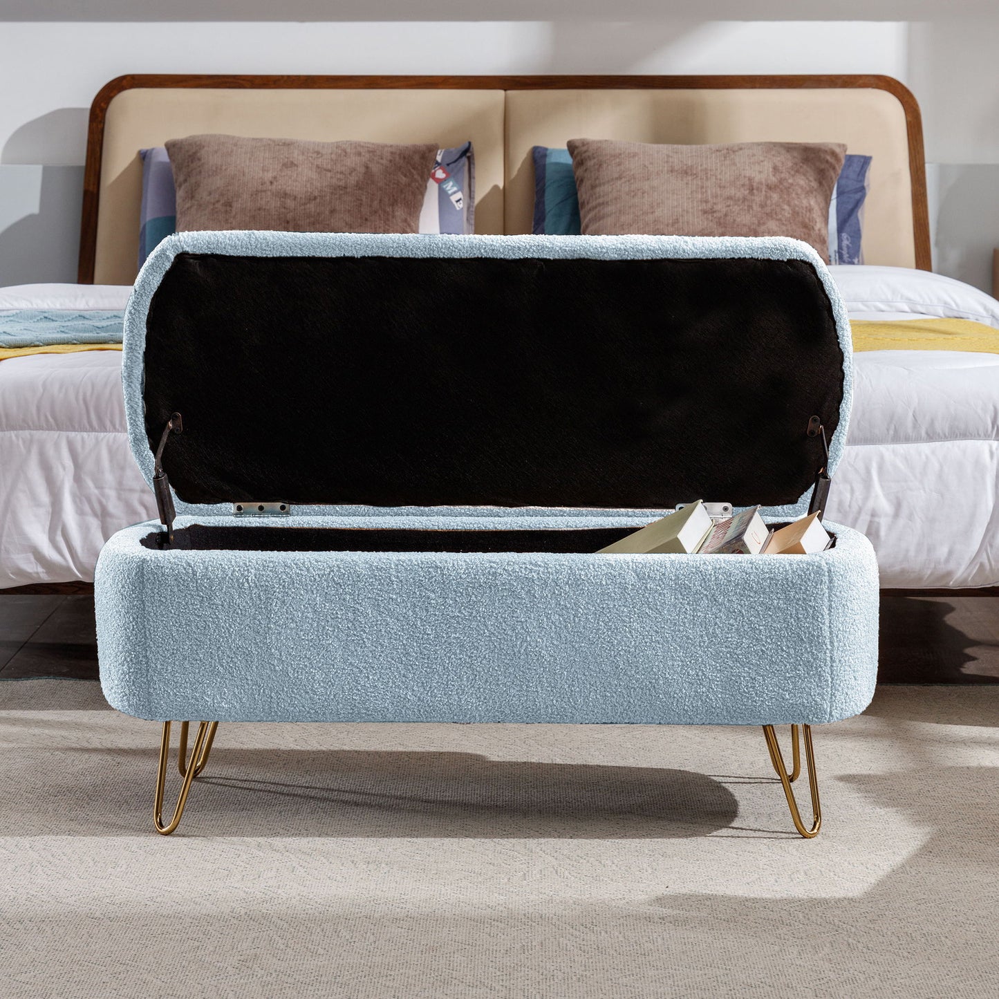 Storage Ottoman Bench For End Of Bed Legs, Modern Camel Faux Fur Entryway Bench Upholstered Padded With Storage For Living Room Bedroom - The Sleep Loft - Online Mattress Showroom NYC