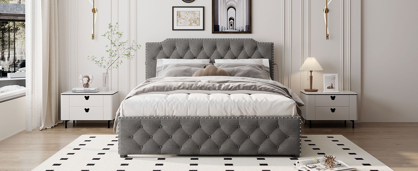 Upholstered Platform Bed With Trundle And 2 Sets Of USB Ports On Each Side, Linen Fabric - The Sleep Loft - Online Mattress Showroom NYC