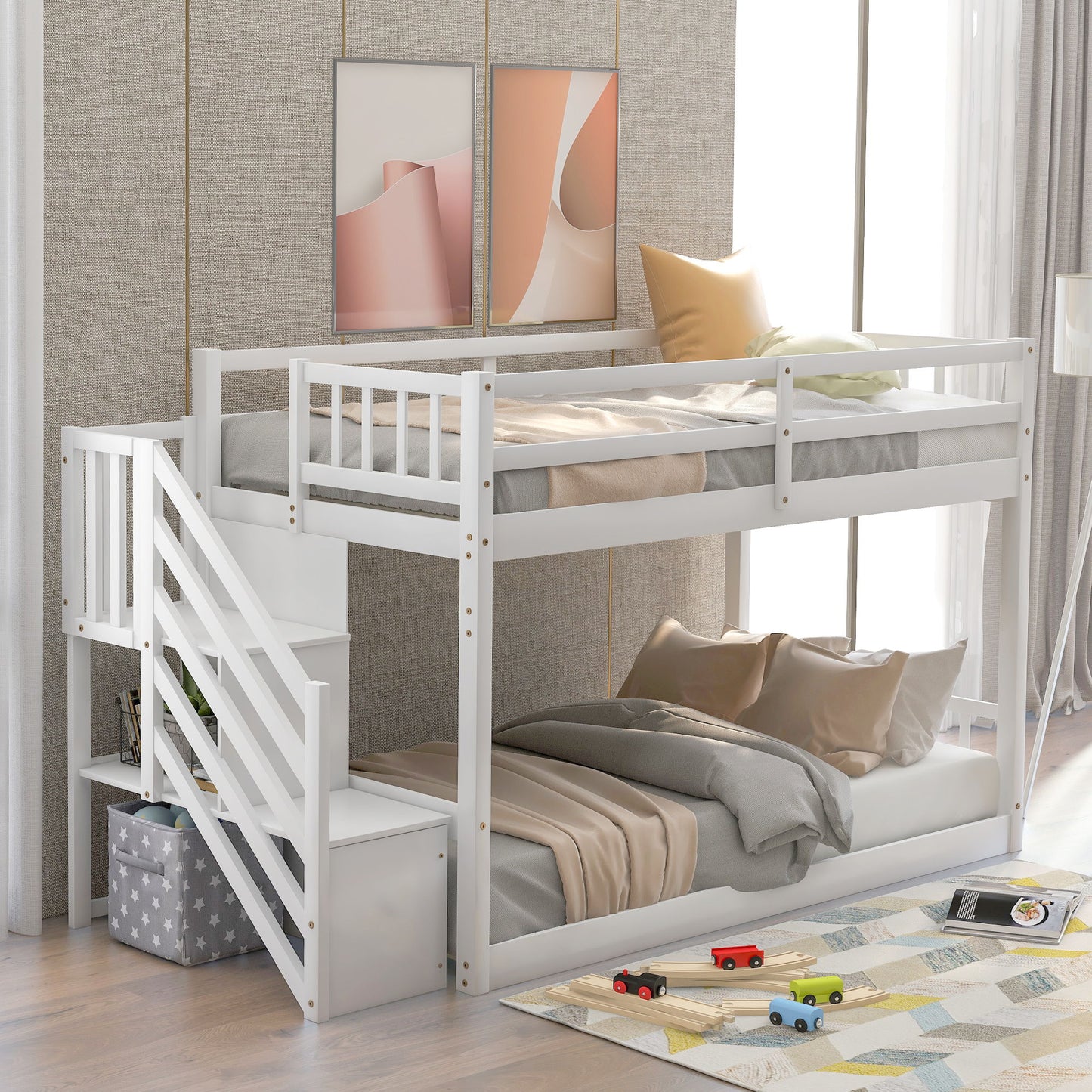 Twin Over Twin Floor Bunk Bed, Ladder With Storage - The Sleep Loft - Online Mattress Showroom NYC