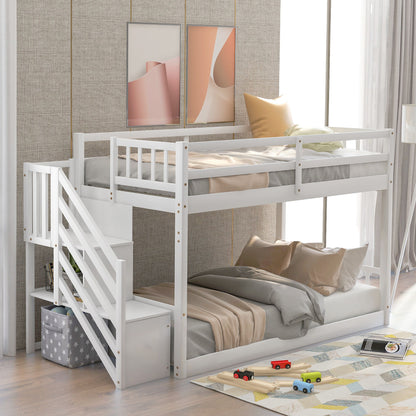 Twin Over Twin Floor Bunk Bed, Ladder With Storage - The Sleep Loft - Online Mattress Showroom NYC
