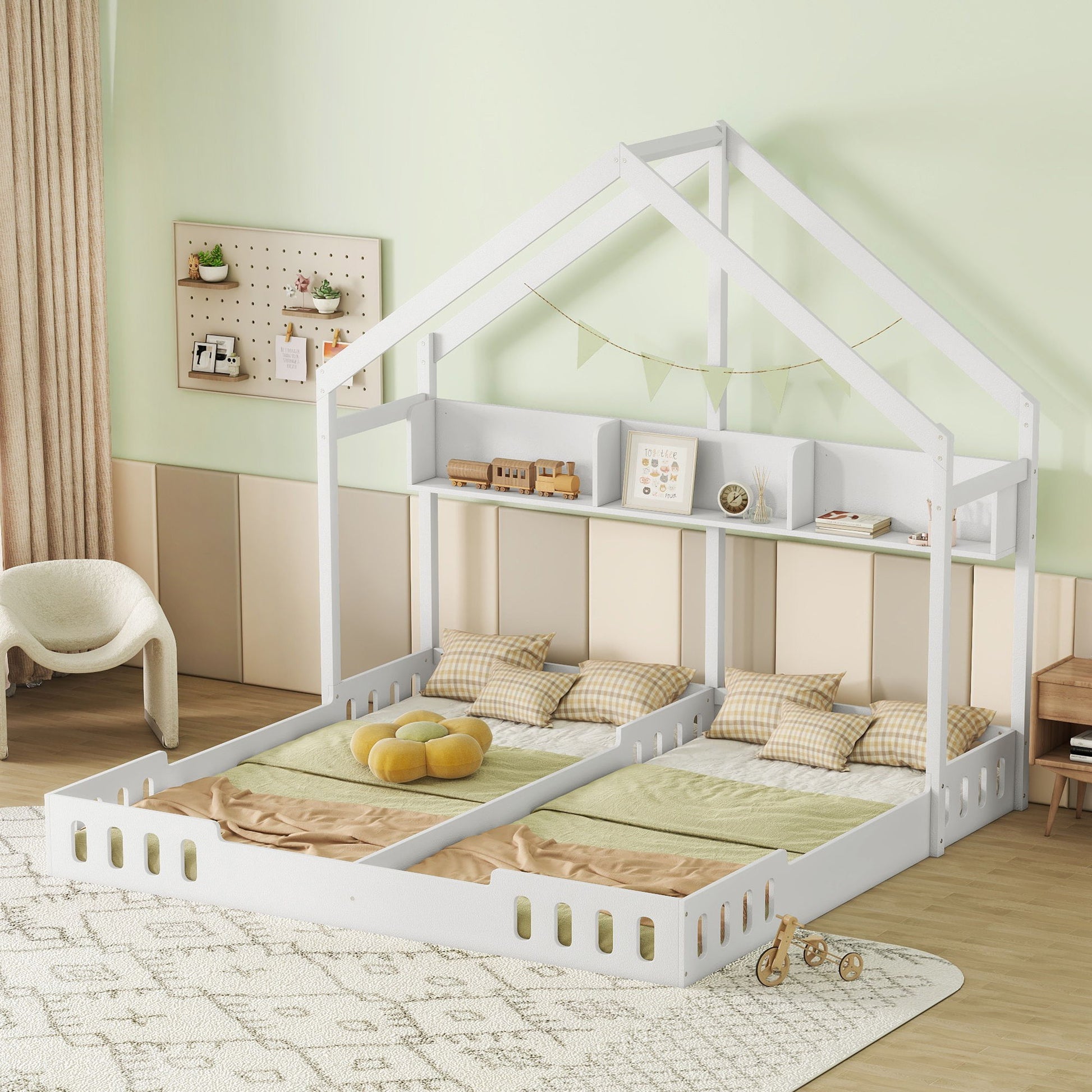 Twin Size Platform Bed With Shared Design, Guardrails, And Built In Shelves - Creamy White - The Sleep Loft - Online Mattress Showroom NYC