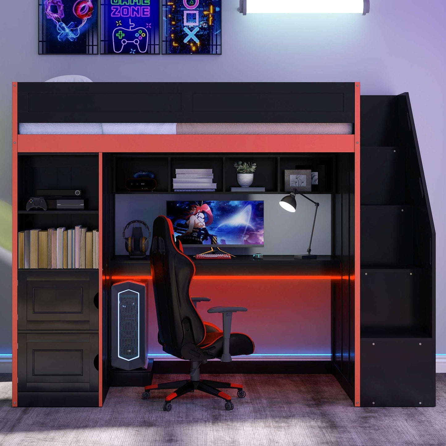 Gaming Loft Bed With Desk And Storage, LED Lights - The Sleep Loft - Online Mattress Showroom NYC
