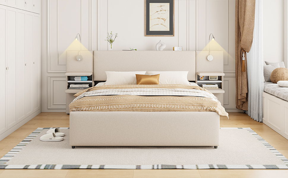 Upholstered Platform Bed With Reading Lights, Drawers, Trundle And Shelves - The Sleep Loft - Online Mattress Showroom NYC