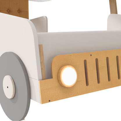 Twin Size Car Bed With Pillow, Ceiling Cloth And LED - Natural - The Sleep Loft - Online Mattress Showroom NYC