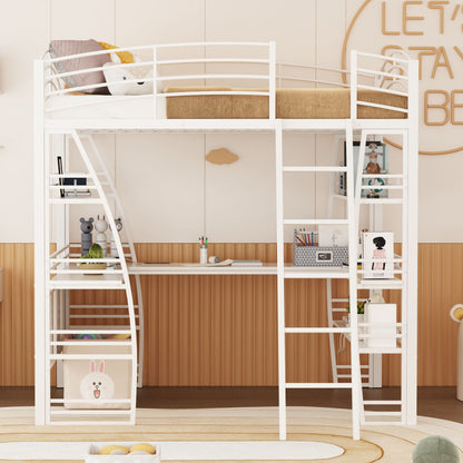 Loft Bed With 4 Layers Of Shelves And L-Shaped Desk, Stylish Metal Frame Bed With A Set Of Sockets, USB Ports And And Wireless Charging - The Sleep Loft - Online Mattress Showroom NYC