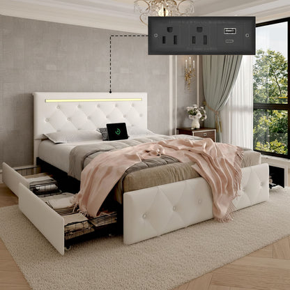 Upholstered Bed Frame With LED Lights, 4 Storage Drawers, Charging Station - The Sleep Loft - Online Mattress Showroom NYC