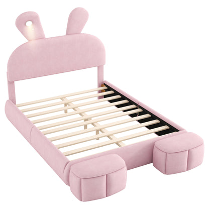 Full Upholstered Platform Bed With Cartoon Ears Headboard And LED Light - Pink - The Sleep Loft - Online Mattress Showroom NYC
