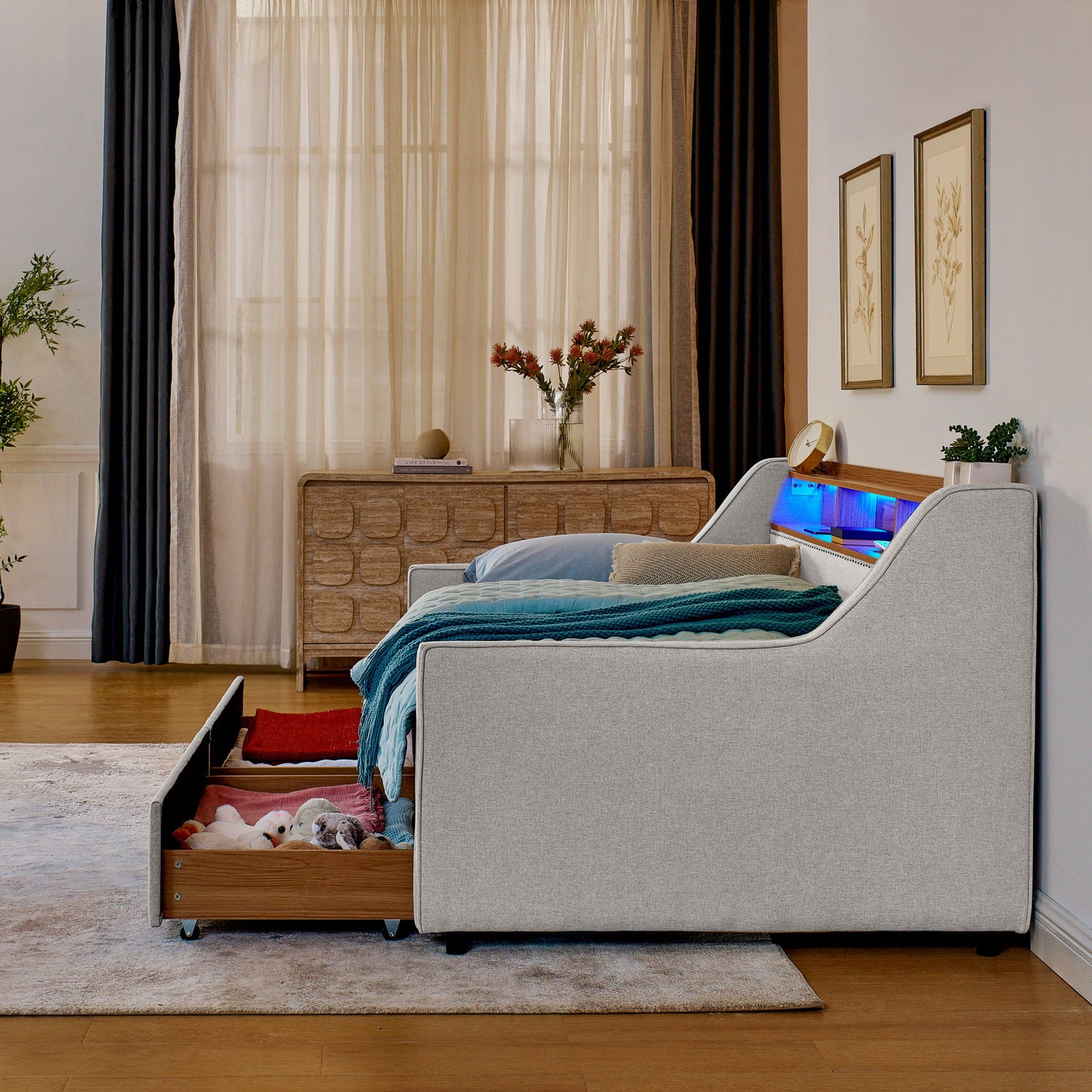 Twin Upholstered Sofa Bed With LED Lights, Storage Drawers, Adjustable Headboard & Wireless Charging - Beige - The Sleep Loft - Online Mattress Showroom NYC