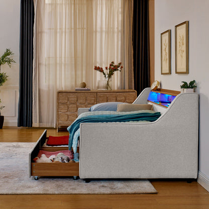 Twin Upholstered Sofa Bed With LED Lights, Storage Drawers, Adjustable Headboard & Wireless Charging - Beige - The Sleep Loft - Online Mattress Showroom NYC