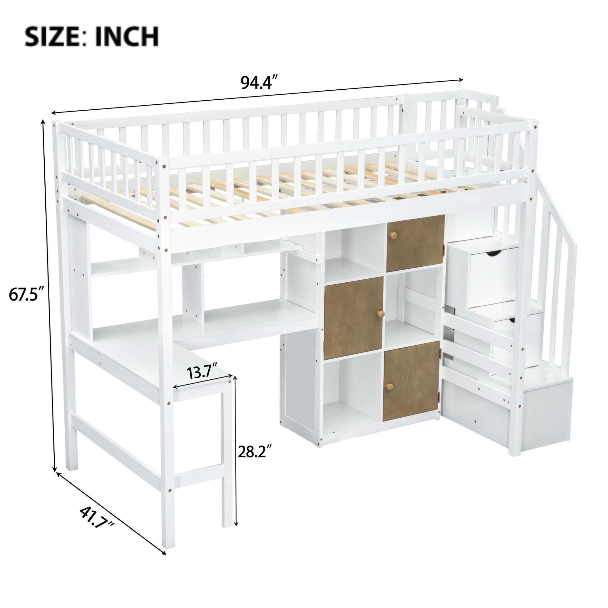 Loft Bed With Built In L Shaped Desk, LED Lights, Storage Shelves, Cabinets, And Staircase - The Sleep Loft - Online Mattress Showroom NYC