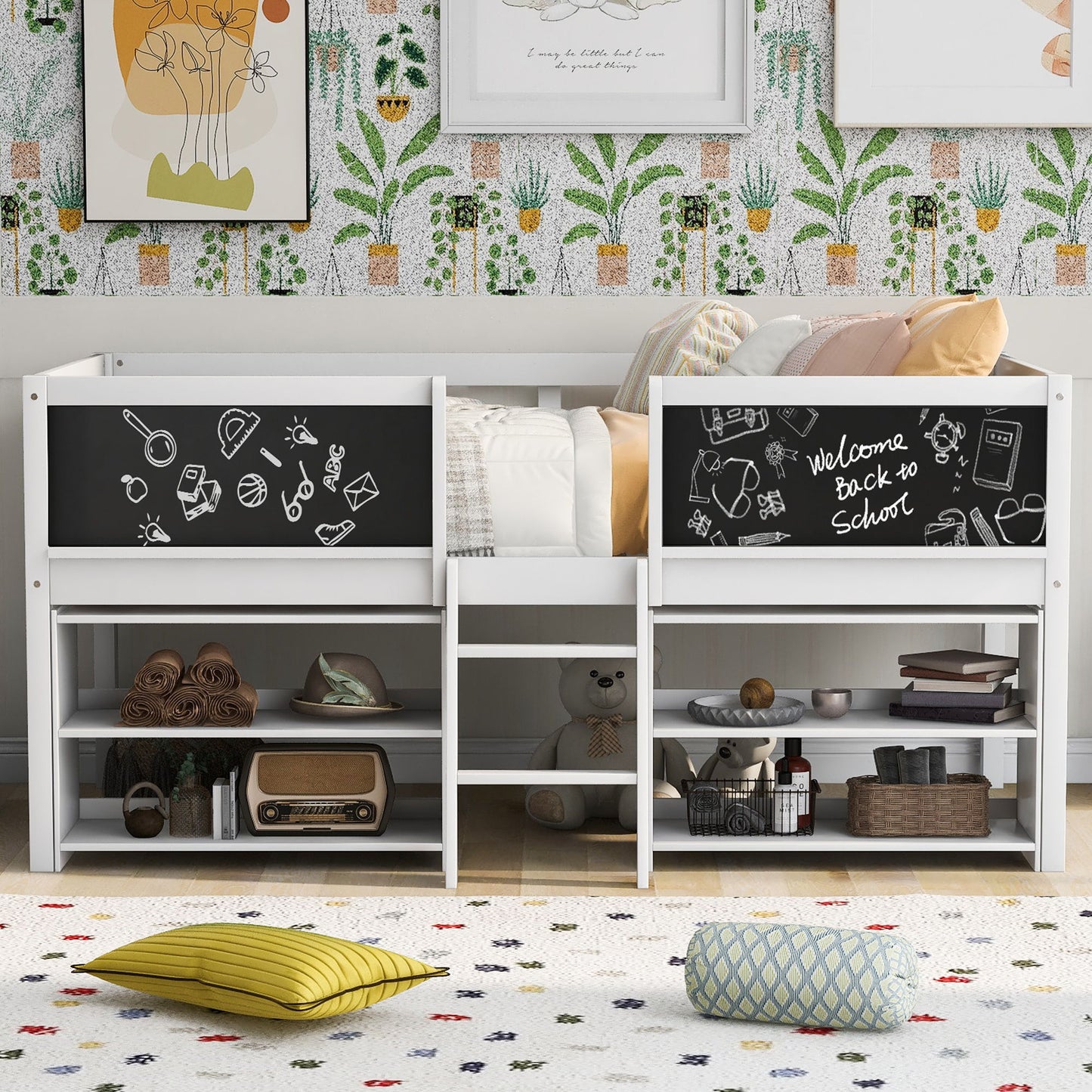 Low Loft Bed With Movable Shelves And Ladder, Decorative Chalkboard Guardrail - The Sleep Loft - Online Mattress Showroom NYC
