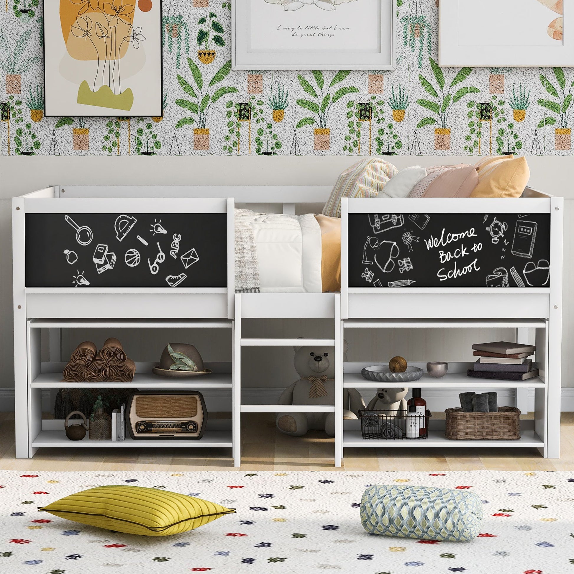 Low Loft Bed With Movable Shelves And Ladder, Decorative Chalkboard Guardrail - The Sleep Loft - Online Mattress Showroom NYC
