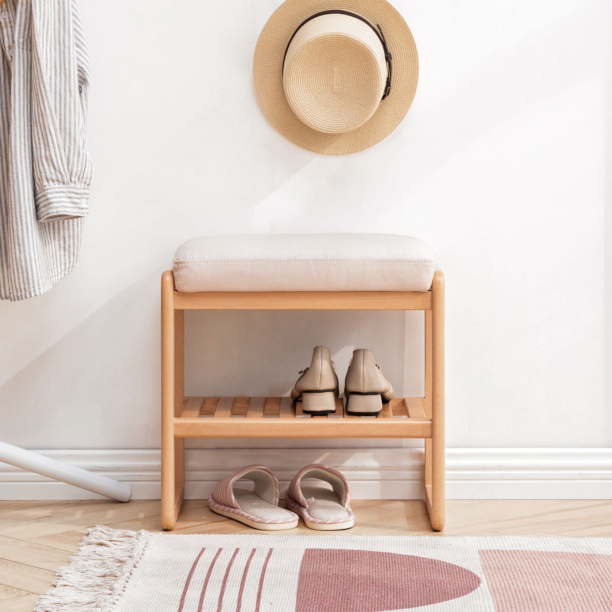Shoe Bench, Beech Wood Storage Rack Organizer With High Rebound Sponge Cushion - Natural - The Sleep Loft - Online Mattress Showroom NYC