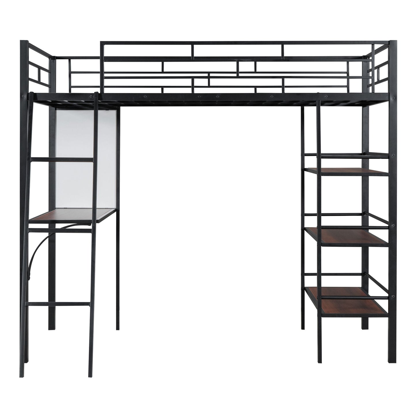 Loft Metal Bed With 3 Layers Of Shelves And Desk, Stylish Metal Frame Bed With board - The Sleep Loft - Online Mattress Showroom NYC
