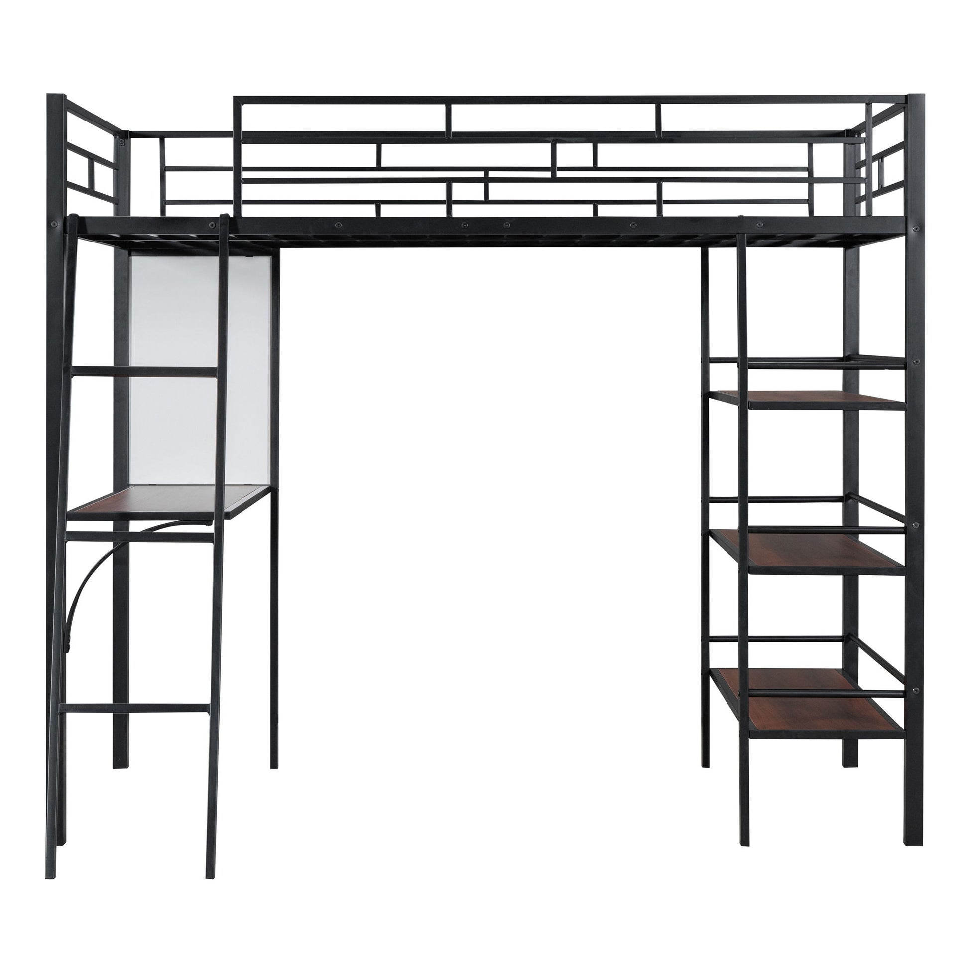 Loft Metal Bed With 3 Layers Of Shelves And Desk, Stylish Metal Frame Bed With board - The Sleep Loft - Online Mattress Showroom NYC