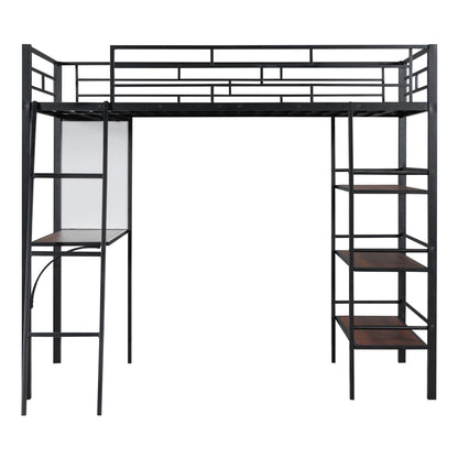 Loft Metal Bed With 3 Layers Of Shelves And Desk, Stylish Metal Frame Bed With board - The Sleep Loft - Online Mattress Showroom NYC