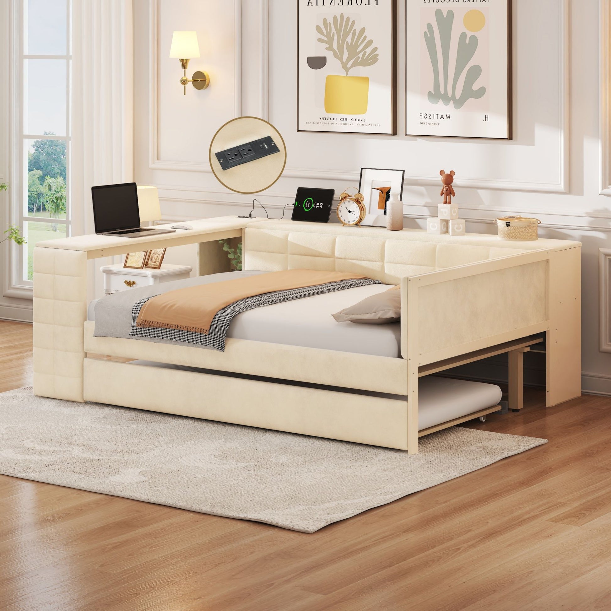 Upholstered Platform Bed With Storage Shelves, Desk, Charging Station And Trundle - The Sleep Loft - Online Mattress Showroom NYC
