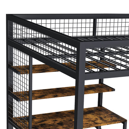 Full Size Loft Bed With Desk & Wardrobe Heavy Frame, Built In Staircase, Storage Rack & Shelves Gaming Bed - Black - The Sleep Loft - Online Mattress Showroom NYC