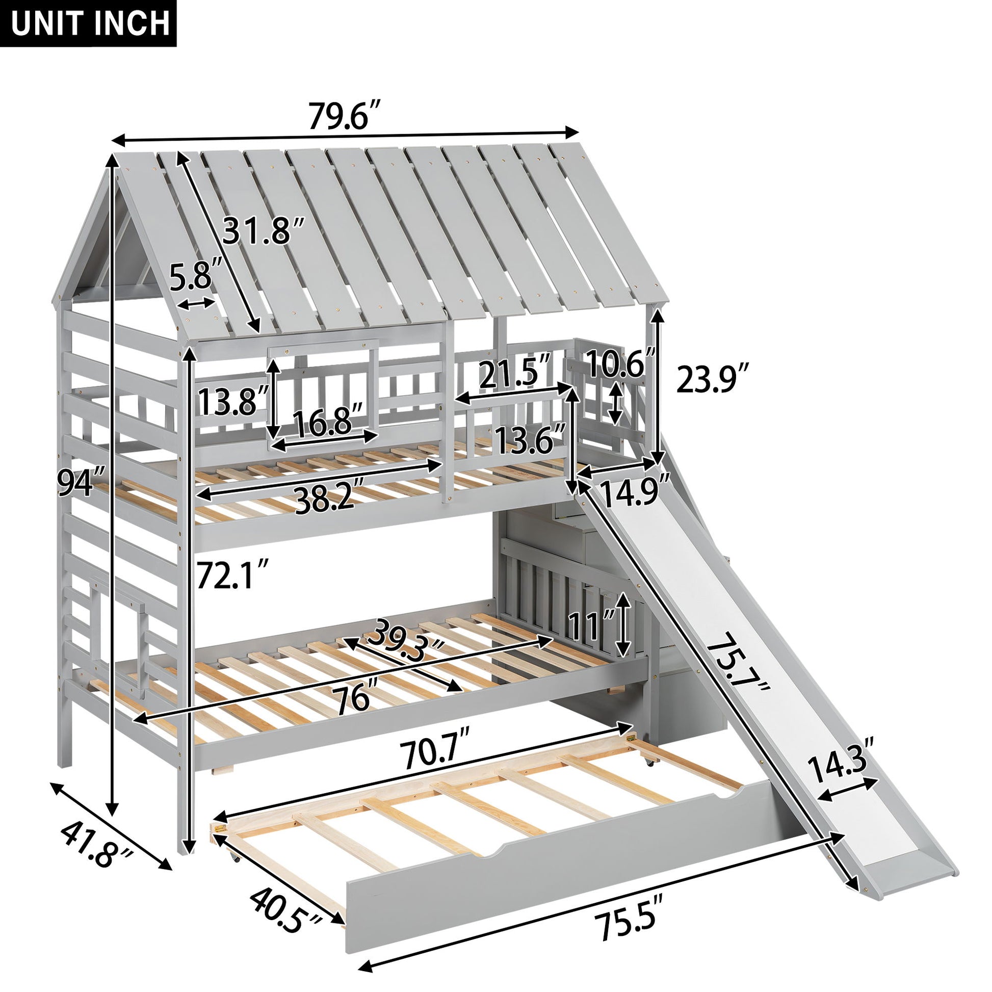 House Bunk Bed With Trundle, Storage Staircase, Roof And Window Design - The Sleep Loft - Online Mattress Showroom NYC