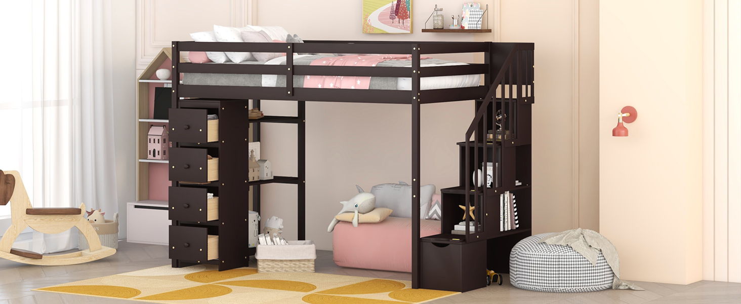 Loft Bed With Storage Drawers And Stairs With Shelves - The Sleep Loft - Online Mattress Showroom NYC