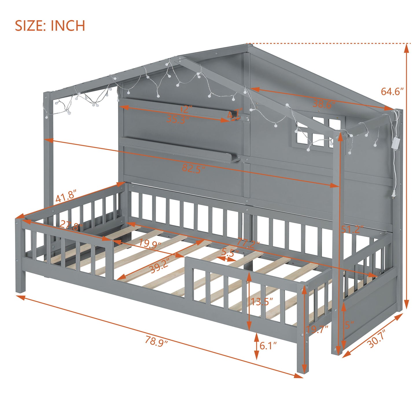 House Bed With Shelves, Window And Sparkling Light Strip On The Roof - The Sleep Loft - Online Mattress Showroom NYC