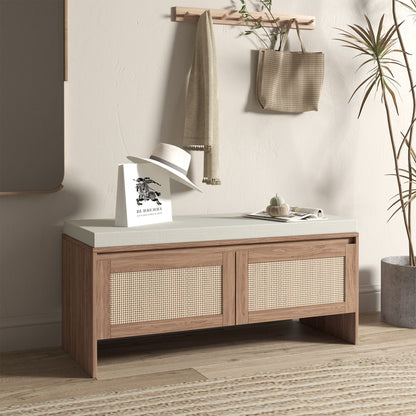 Storage Bench With Cushion, Shoe Cabinet With 2 Doors - Antique Natural / Rattan - The Sleep Loft - Online Mattress Showroom NYC