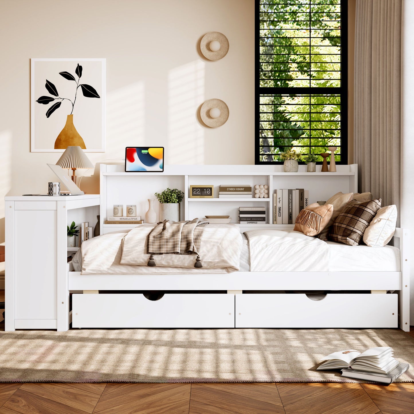 Corner Daybed With Storage Drawers, Desk, Charging Port & Bookcase - The Sleep Loft - Online Mattress Showroom NYC