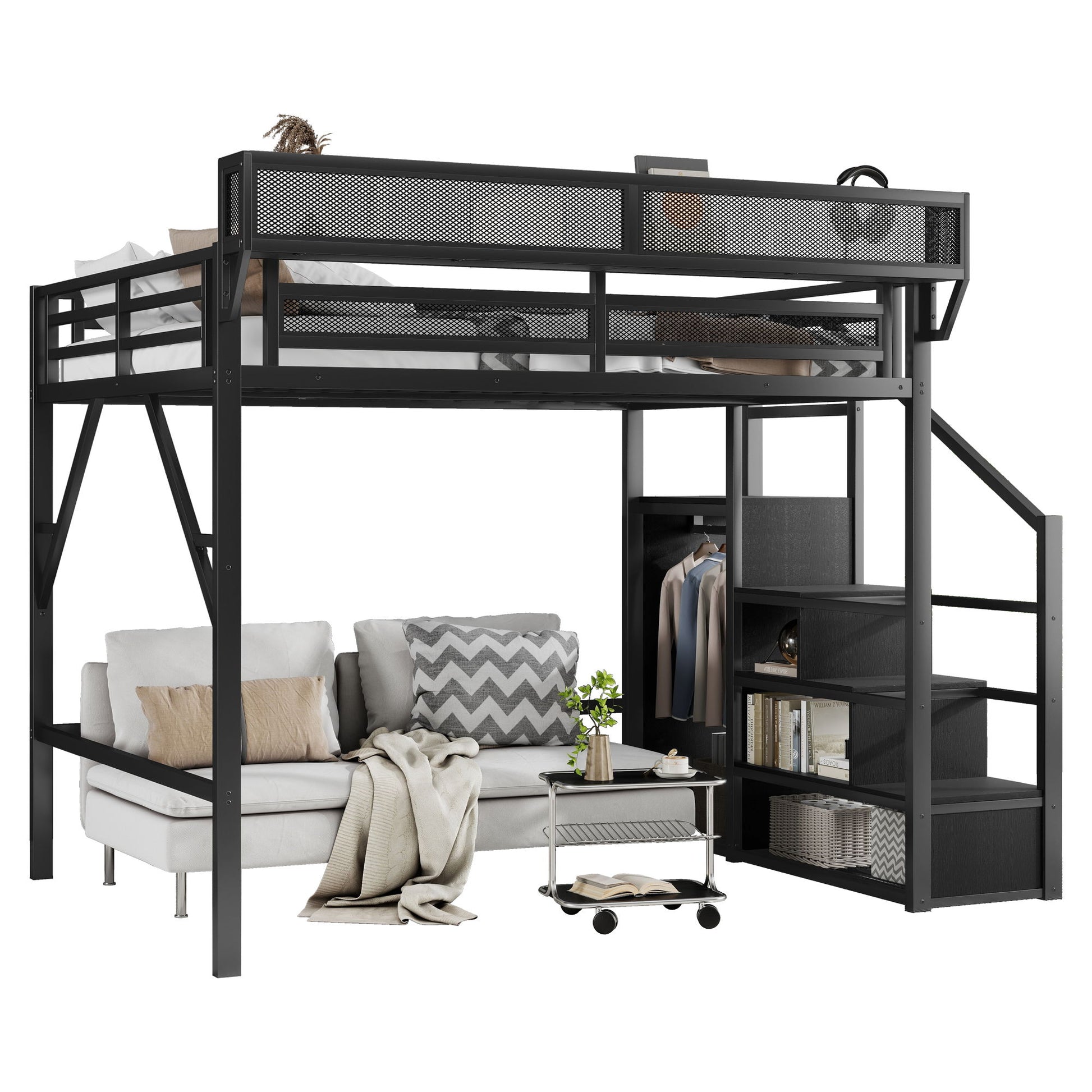 Queen Size Loft Bed With Stairs, Storage Shelves, Wardrobe - Black - The Sleep Loft - Online Mattress Showroom NYC