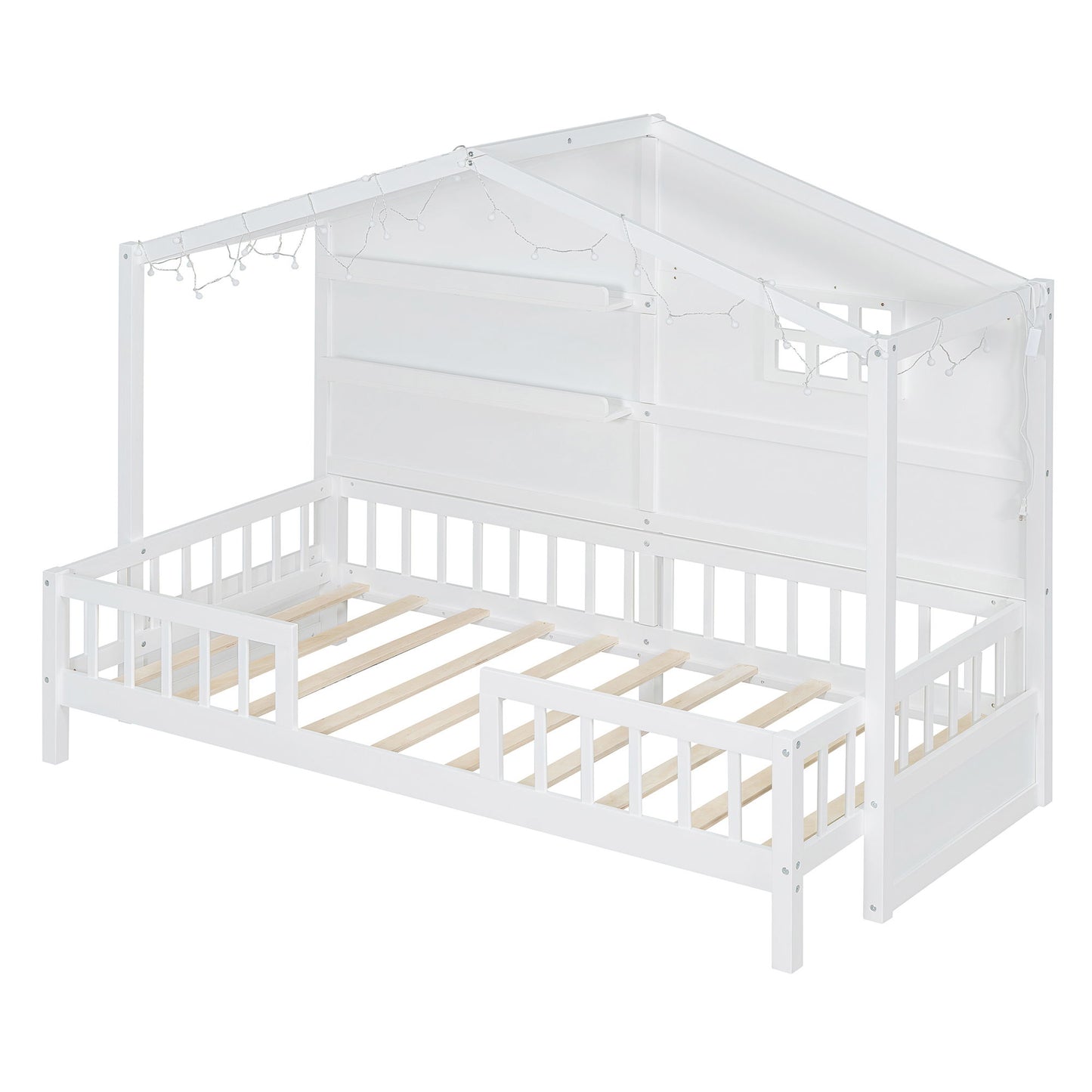 House Bed With Shelves, Window And Sparkling Light Strip On The Roof - The Sleep Loft - Online Mattress Showroom NYC