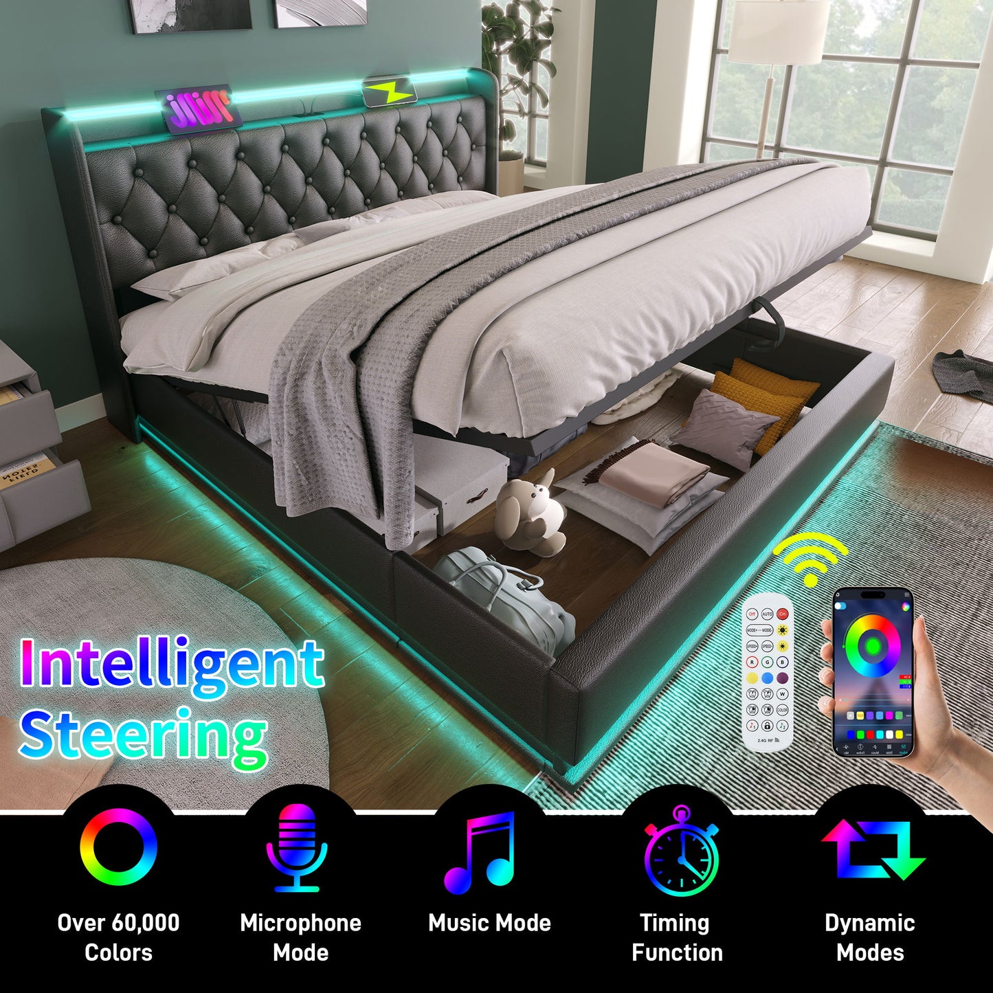 Upholstered Bed, 360 Surround LED Function, Remote Control, Hydraulic Storage Bed With USB, Type-C Charging (Without Mattress) - The Sleep Loft - Online Mattress Showroom NYC